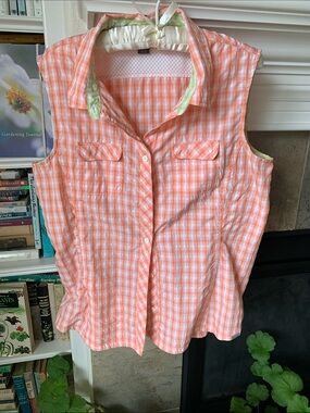 Eddie Bauer Coral and White Gingham Sleeveless Button-Front Top